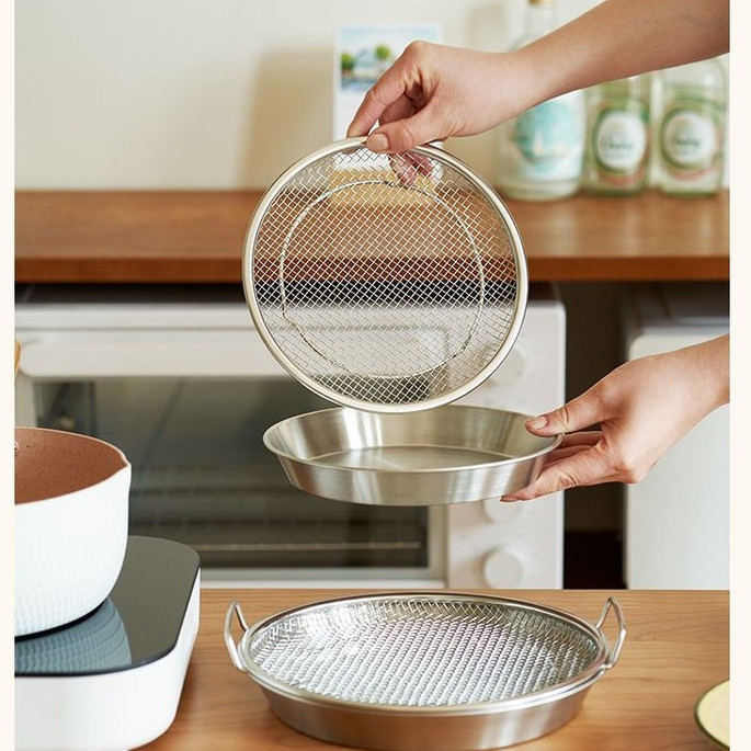 Khay Inox 304 Kèm Vỉ Lưới Lọc Dầu Bền Bỉ, Dùng Chiên Và Hấp, Size 22cm