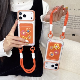 Hàn Quốc Ngọt Ngào Girly 3D Hoa Khe Cắm Thẻ Túi Màu Cam Wrsit Dây Đeo Ốp Lưng Điện Thoại iPhone 17Promax 11 12 13 14 15 16 Pro Max 15Plus Silicon Mềm Chống Sốc Vỏ Di Động