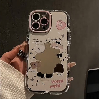 Vỏ Gương Hoạt Hình Dễ Thương Puppy + Dây Xích + Giá Đỡ Cho IPhone 16 11 15 14 13 12 Pro Max X Xr Xs Max 7 8 Plus Vỏ Điện Thoại Bảo Vệ Ống Kính Chống Sốc Mềm Vỏ Đen