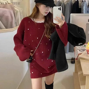 Áo Váy Trể Vai Cổ Ren Đính Ngọc KCloset Áo Len Mix Chân Váy Chữ A Kiểu Dáng Hàn NA44