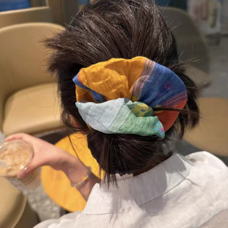 Scrunchy tóc handmade boho retro màu xanh vàng từ ramie