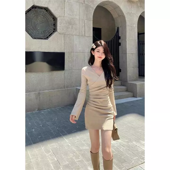 Đầm Màu be nữ phong cách lịch sự đầm hàn quốc nữ nhẹ nhàng đầm thiết kế cao cấp dạ hội váy liền thân