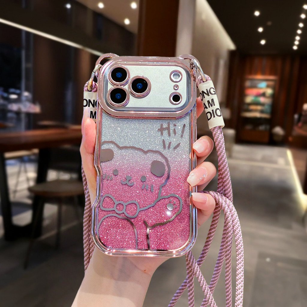 Ốp điện thoại đeo chéo hình gấu dễ thương chất lượng cao cho iPhone 17 Pro Max 13 14 15 16 pro max Air Chống rơi gương bảo vệ vỏ mềm TPU Vỏ bảo vệ điện thoại
