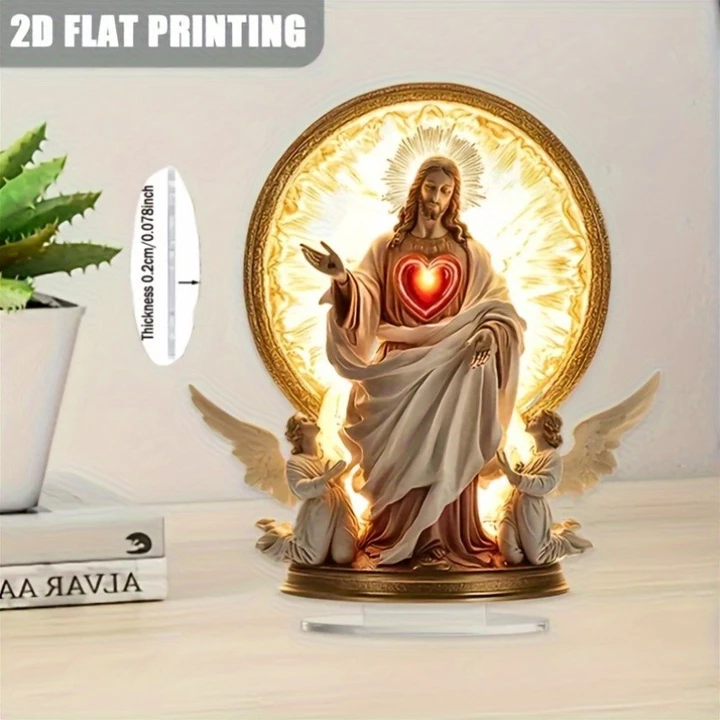 Đồ trang trí Chúa Giêsu thanh lịch bằng Acrylic 2D có hào quang vàng và đồ trang trí máy tính để bàn thiên thần nhỏ, phòng ngủ, văn phòng, phòng khách Trang trí trong nhà / ngoài trời Quà tặng ngày lễ