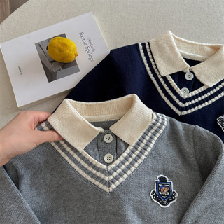 Áo len cổ polo trẻ em thêu áo hai mảnh giả