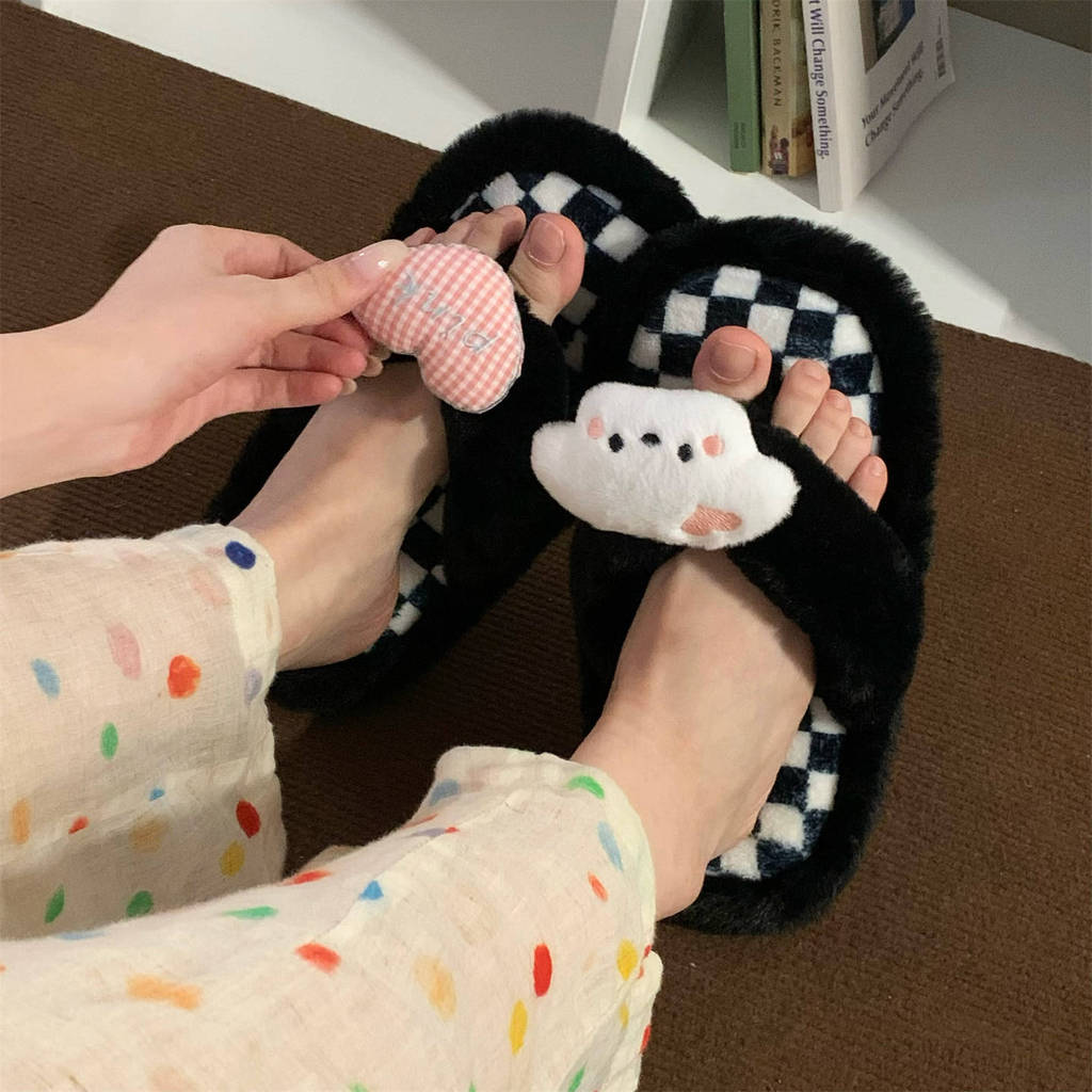 XIXITIAO Dép Cotton Lông Hoạt Hình Dễ Thương Nữ Thu Đông Ấm Áp Mới Thường Ngày