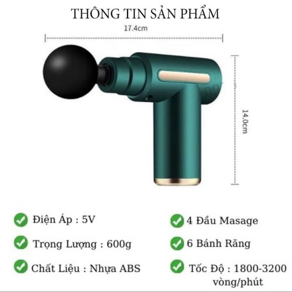 Máy MASSAGE MINI cầm tay, 4 đầu, 6 chế độ rung, giúp giãn cơ, giảm đau mỏi