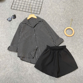 SET Đồ Nữ Bigsize Áo Sơ Mi Kẻ Sọc Thời Trang Kèm Quần Đùi Lưng Chun Co Giãn Thoải Mái A328+Q500