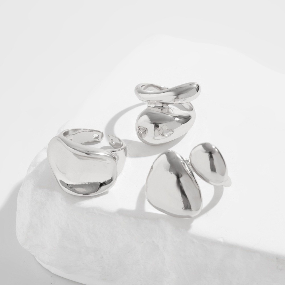 Nhẫn mở bất đối xứng 3 cái/set, thiết kế vòng xoắn hình học bóng mịn, phù hợp trang sức dự tiệc nữ
