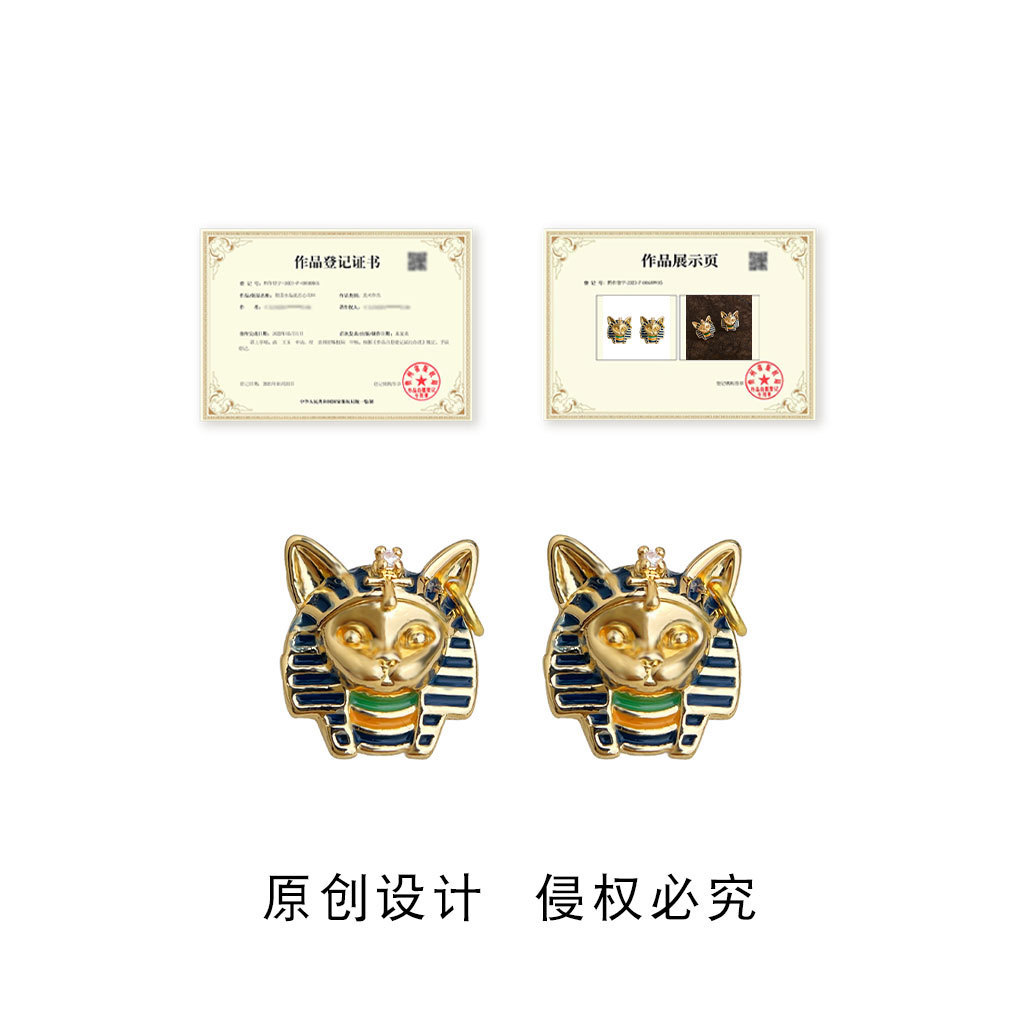 Ban Đầu Phong Cách Trung Cổ Ai Cập Đầu Mèo Pharaoh Bạc 925 Mạ Kim 14K Men Nhỏ Giọt Men Sơn Bông Tai Nhà Máy Bông Tai Nữ