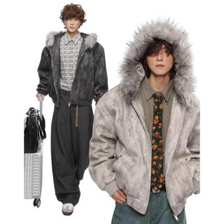 Áo khoác cotton nam ESEA phong cách Nhật Bản có mũ trùm đầu và cổ lông, thiết kế buộc dây phù hợp unisex