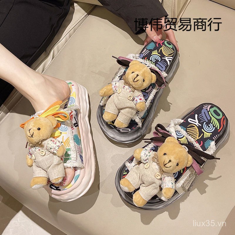 Gấu Dễ Thương Đế Dày Dép Nữ Bên Ngoài Đi Biển Giày Đi Biển Năm Mới Mùa Hè Phong Cách Mới Vải Nửa Trượt Giày Sữa