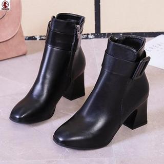 Giày bốt cao gót màu trơn dành cho nữ không cần mài chân Giày bốt da dành cho nữ Cô gái trẻ mặc