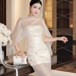 Đầm dạ tiệc sang trọng Khiết Style, thiết kế lưới sequin đính hoa đá lấp lánh & cape tơ phủ thanh lịch KD444 — ảnh 3