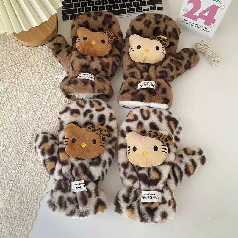 Găng Tay Hello Kitty Hoạ Tiết Da Báo Cho Mùa Đông Ấm Áp quà Tặng Giáng Sinh Phù Hợp Với Nàng Cá Tính