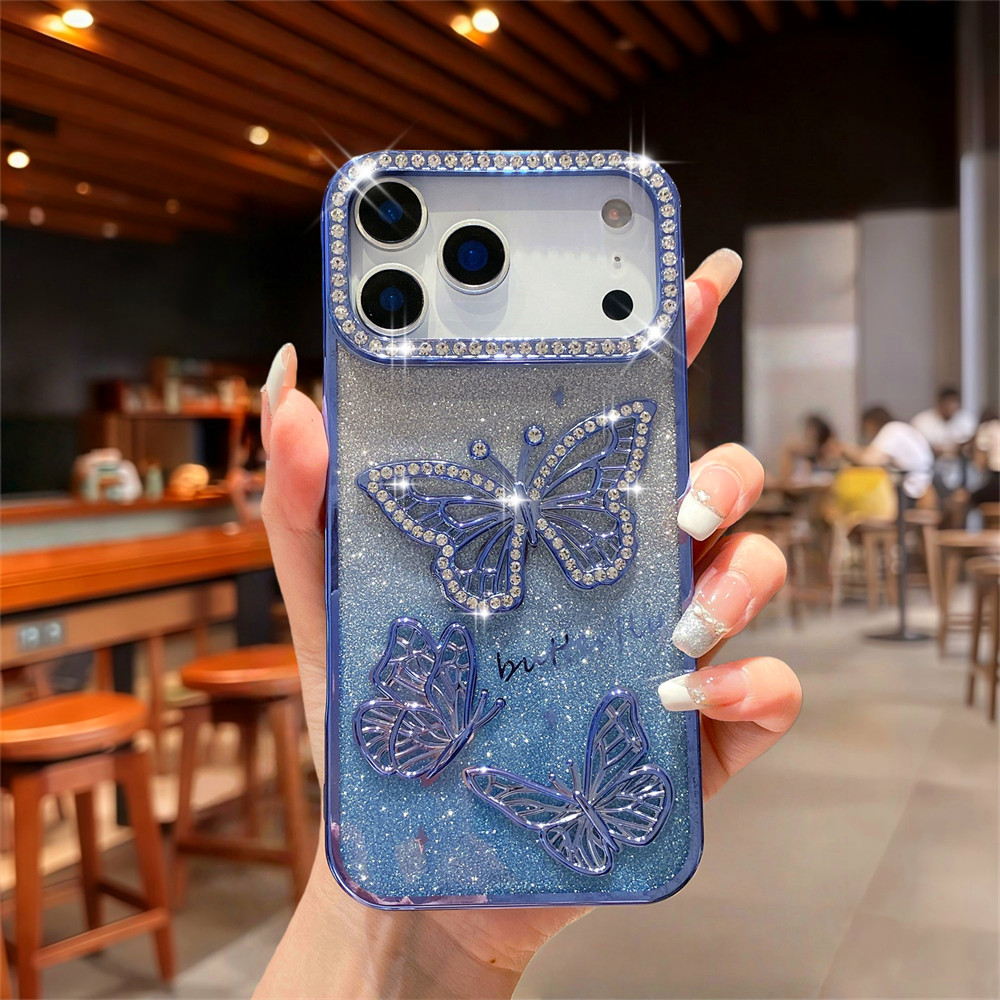 Ốp điện thoại hình con bướm ba chiều Flash Diamond cho iPhone 17 Pro Max 16 13 14 15 Pro Max Air 16 plus Ống kính bảo vệ Camera Vỏ chống sốc Vỏ mềm vỏ bảo vệ điện thoại