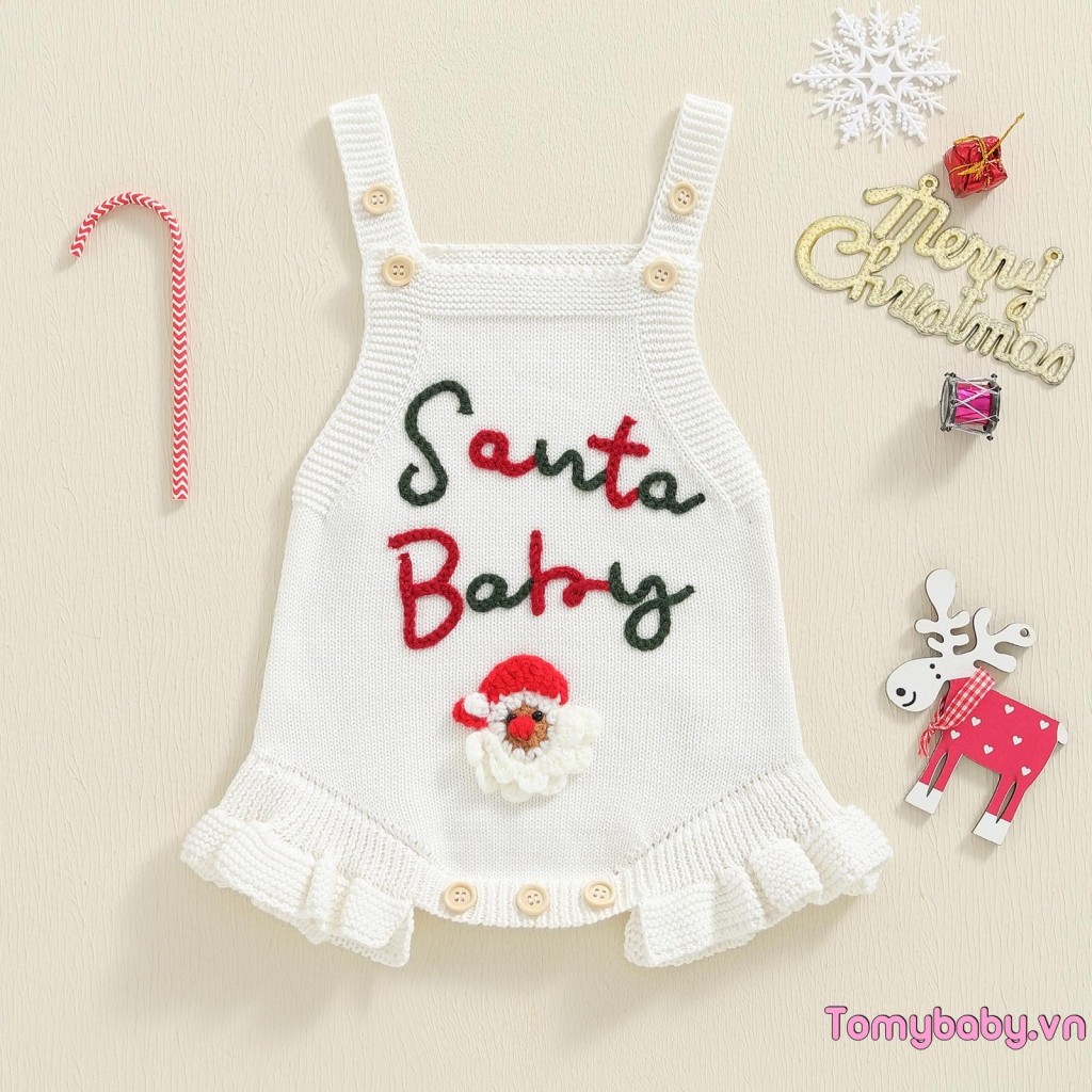 Bé Gái Áo Liền Quần Giáng Sinh Dễ Thương Ông Già Noel Thêu Không Tay Mùa Thu Dệt Kim Jumpsuit