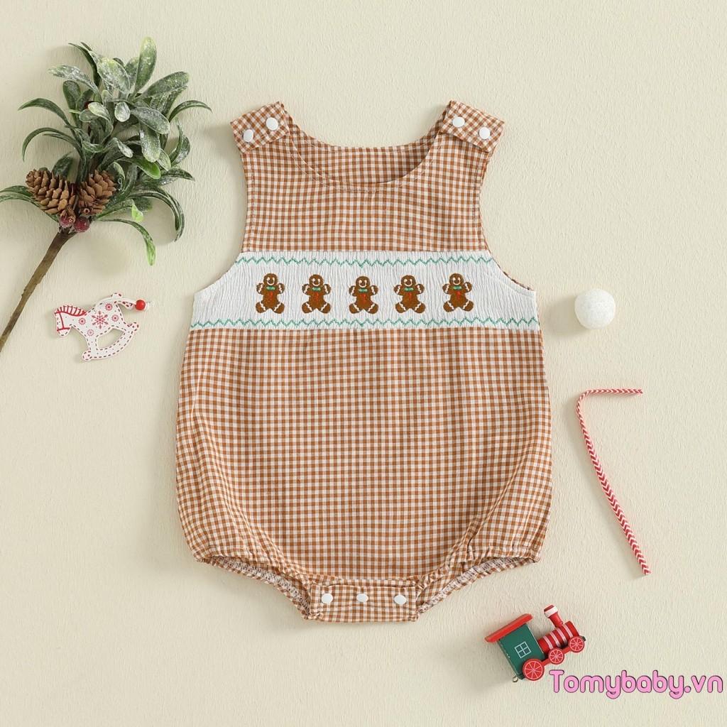 Áo liền quần kẻ sọc cho bé Tuần lộc Giáng sinh / Ông già Noel / Bộ áo liền quần không tay thêu bánh gừng