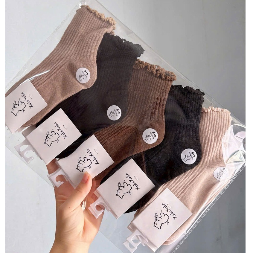 Sét 10 Đôi Tất Vớ T45 Cổ Bèo Cao Cotton Gân Cho Bé Gái Phong Cách Hàn Quốc dày dặn Quà Giáng Sinh