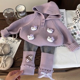 Bé Gái Phong Cách Mới Bộ Áo Len Ba Chiều kt Mèo Có Mũ Trùm Đầu Áo Len Lông Cừu Lót Quần Legging