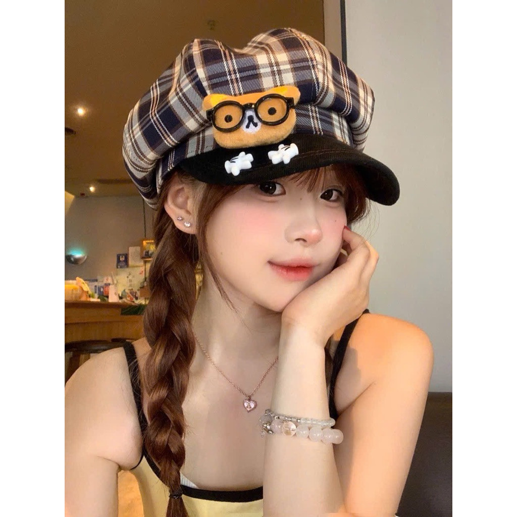 Mũ Beret Bát Giác Mũ Nồi Họa Tiết Hoạt Hình Dễ Thương Kẻ Sọc Mũ Nồi Nữ Phong Cách Hàn Quốc