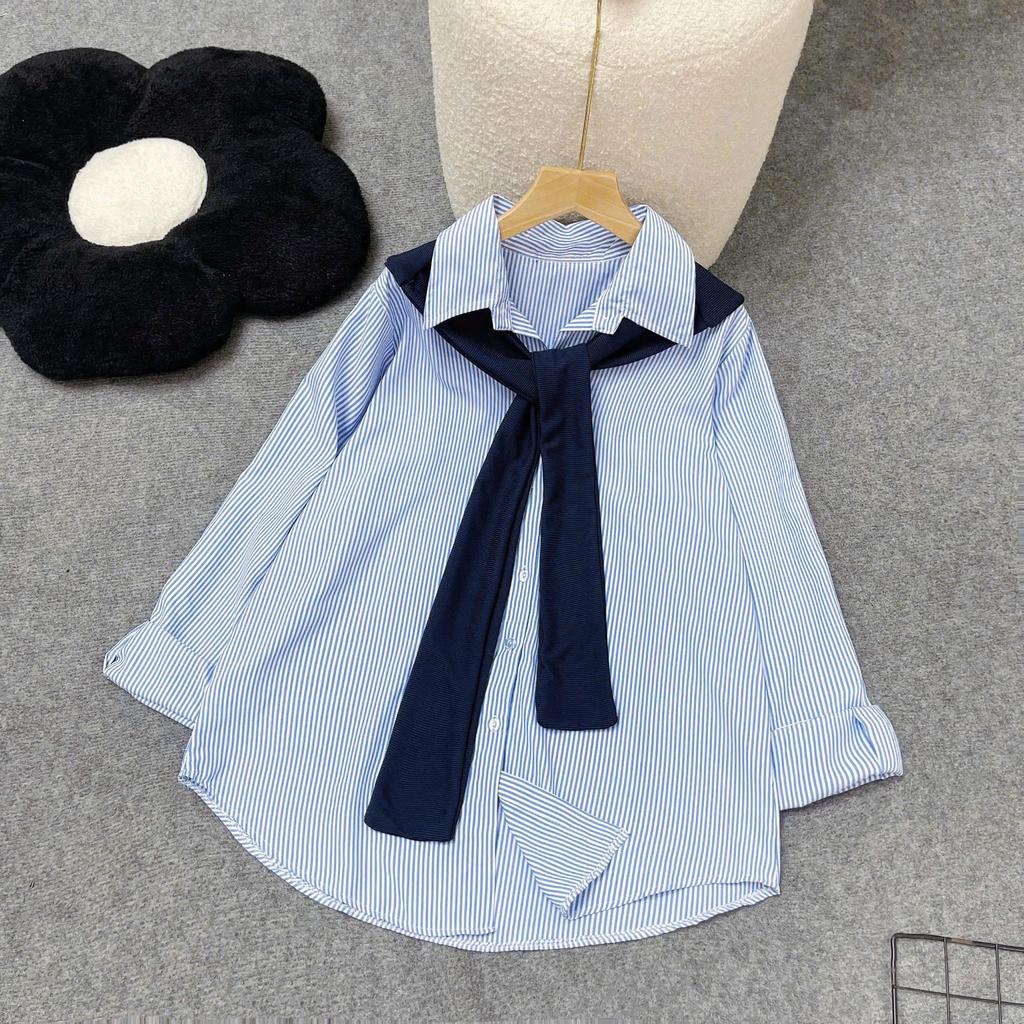Áo Sơ Mi Bigsize Cô Nhỏ Dài Tay Kẻ Sọc Vải Lụa Mềm Mát Kèm Khăn Thủy Thủ Chất Vải Tăm SM49+A195