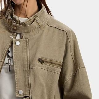 Áo denim cổ đứng màu xám chất lượng cao, phù hợp nam và nữ