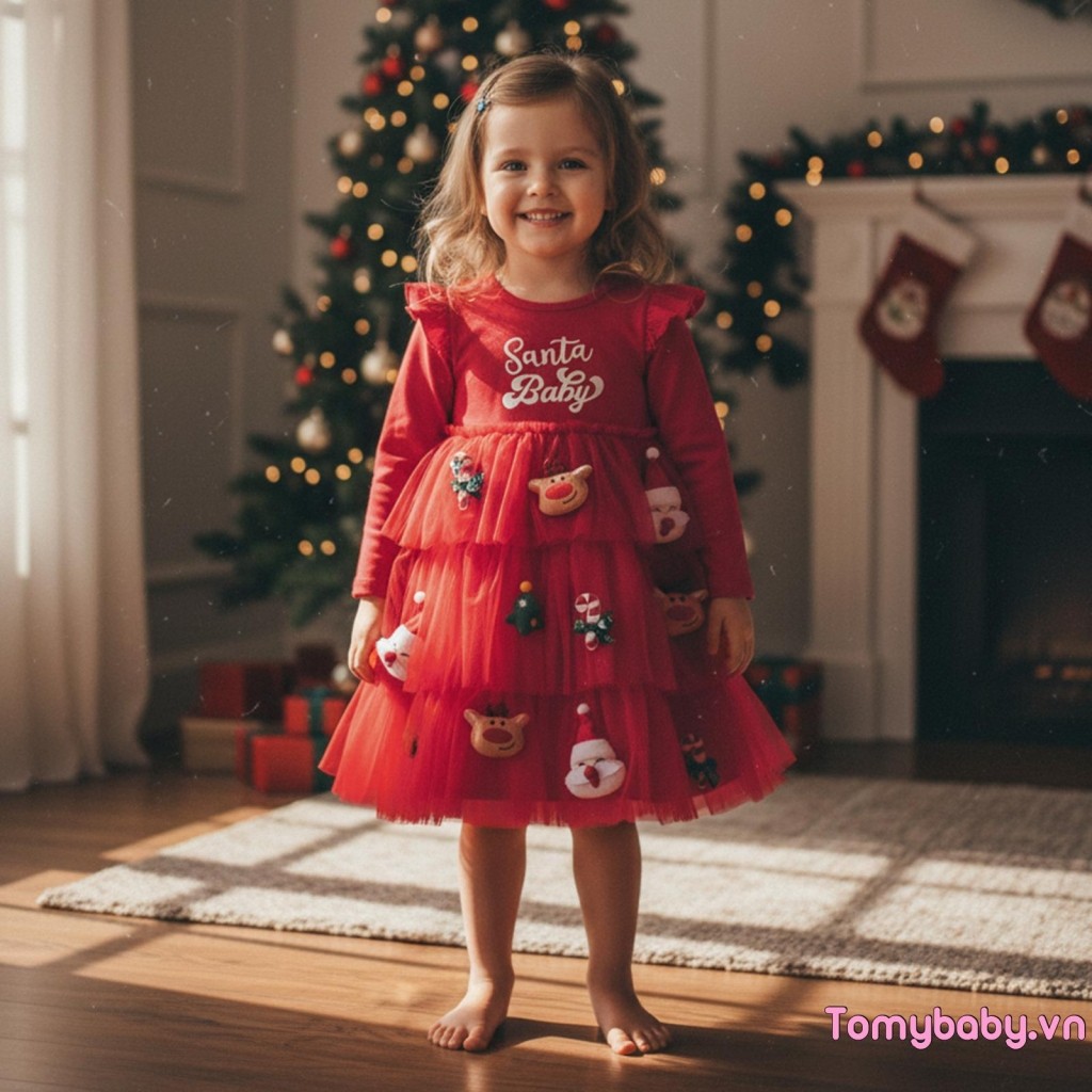 Trẻ Em Bé Gái Giáng Sinh Một Dòng Đầm Ông Già Noel Hươu Trang Trí Cổ Tròn Tay Dài Tuyn Chắp Vá Bánh Váy