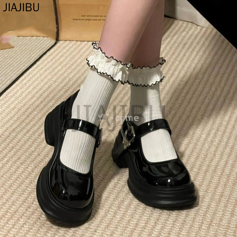 Giày Da Lolita Nhỏ Cổ Điển Đa Năng Phong Cách Học Sinh Nhật Bản Mũi Tròn Chống Trượt Gót Dày Màu Đen Có Nơ Dành Cho Nữ Korean Fashion Casual Patent Leather Mary Jane Shoes Giày Mũi To Cosplay Phong Cách Anh