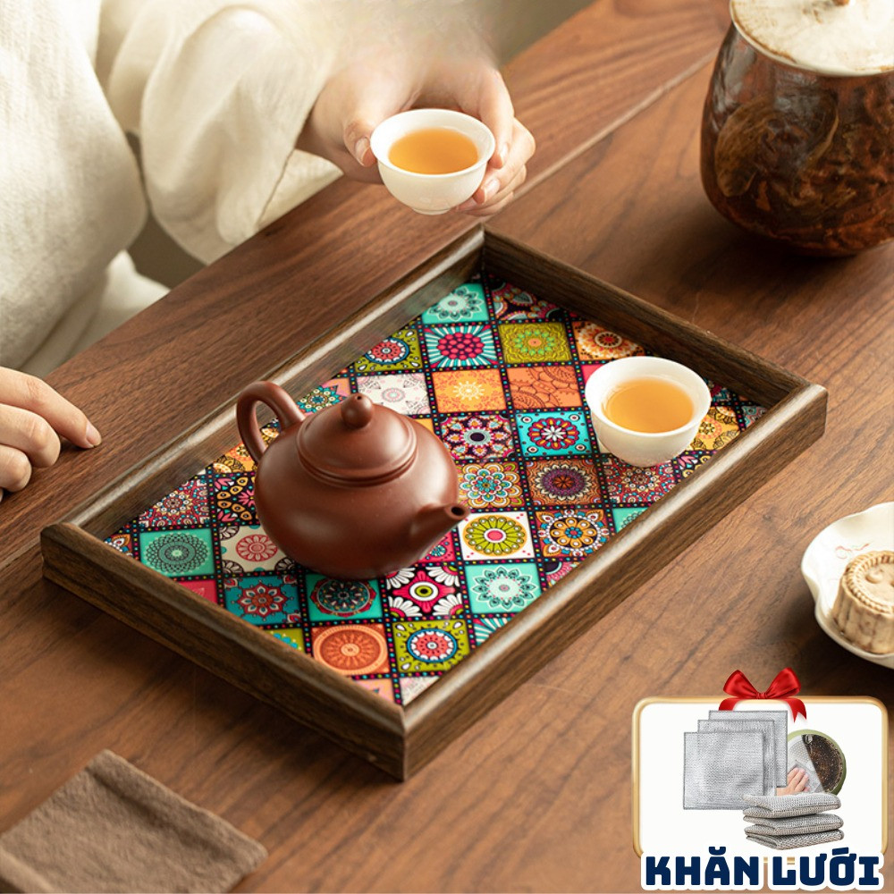 Khay Trà Gỗ Họa Tiết Mosaic Phong Cách Bohemian, Khay Đựng Ly Cốc Sang Trọng Decor Nhà Cửa Tiện Lợi