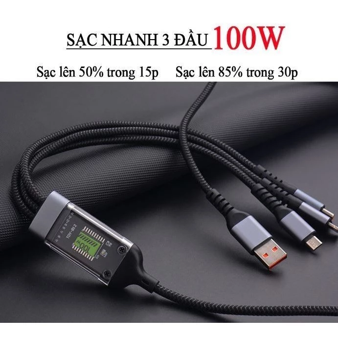 Dây Cáp Sạc Nhanh - Dây Sạc Tự Ngắt 3 Đầu 100W Micro USB Type C 3 trong 1 Dài 1m - Dây Sạc nhanh – 6