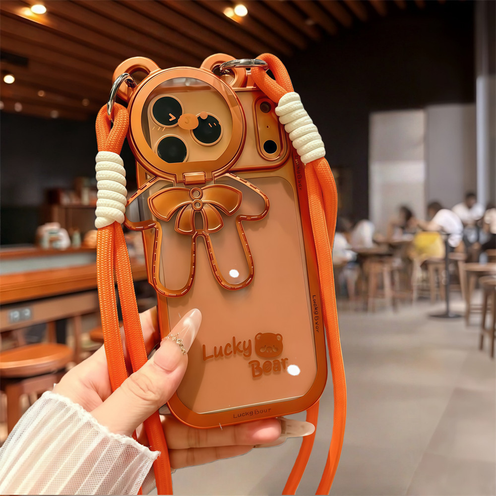 Ốp điện thoại giá đỡ ống kính gấu đeo chéo cho iPhone 17 Pro Max 11 12 13 14 15 16 pro max Air 15 16 plus XS max Phim bảo vệ gương chống rơi TPU vỏ mềm bảo vệ điện thoại