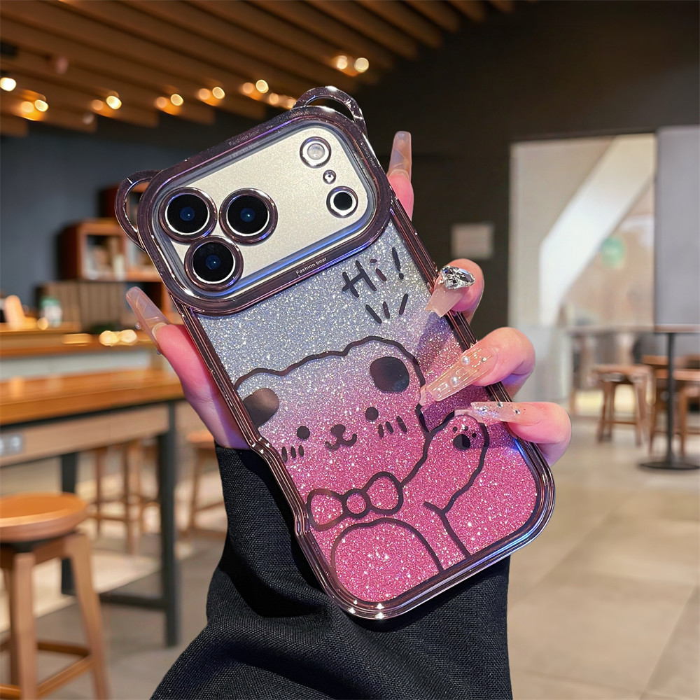 Ốp điện thoại hình gấu dễ thương mạ điện lấp lánh cho iPhone 17 Pro Max 16 13 14 15 pro max Air Phim bảo vệ gương chống rơi Vỏ mềm TPU Vỏ bảo vệ điện thoại