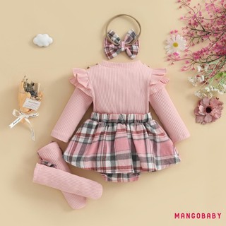 MG-Baby Girl Fall Trang Phục Dài Tay Kẻ Sọc In Váy Body Có Băng Đô Tất Bộ Quần Áo Trẻ Sơ Sinh
