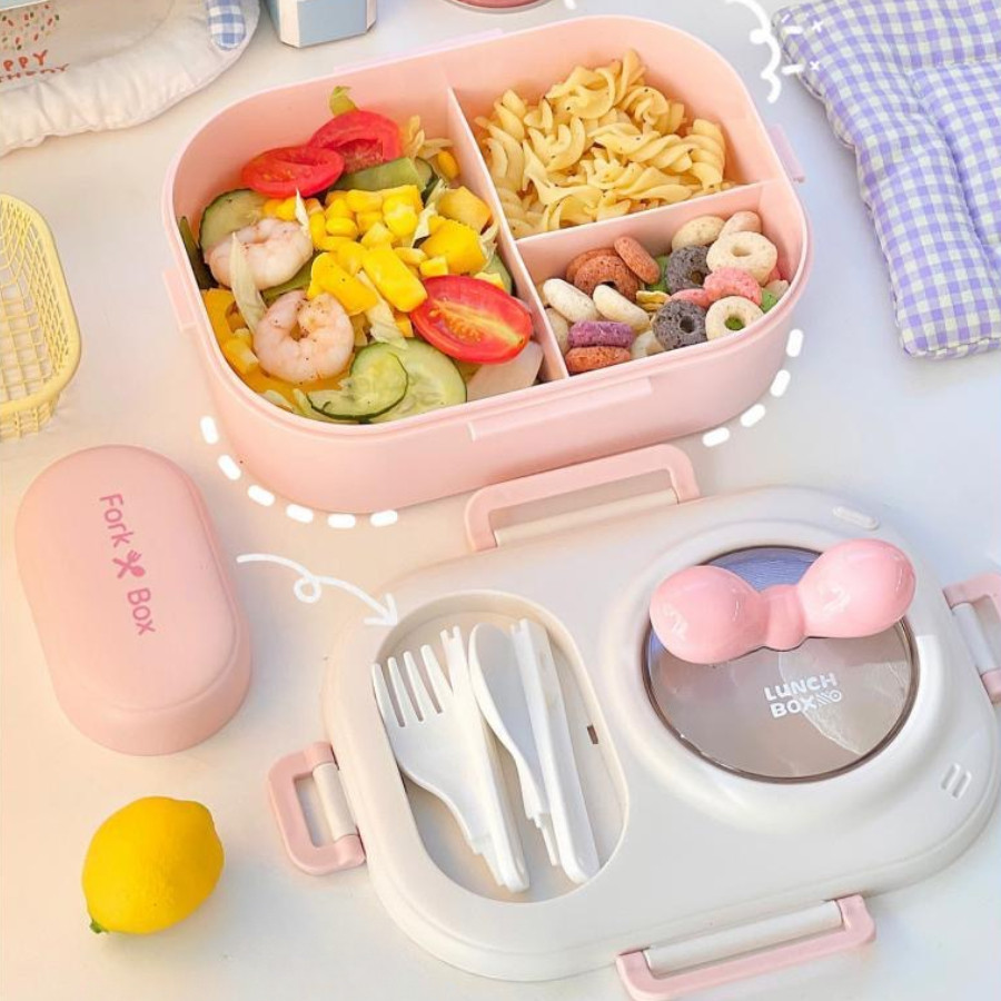 Hộp Đựng Cơm 3 Ngăn Kèm Muỗng Nĩa Tiện Lợi DinoHome, Hộp Đựng Cơm Fork Box Dễ Thương Nắp Đậy Kín
