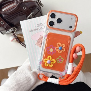 Hàn Quốc Ngọt Ngào Girly 3D Hoa Khe Cắm Thẻ Túi Màu Cam Wrsit Dây Đeo Ốp Lưng Điện Thoại iPhone 17Promax 11 12 13 14 15 16 Pro Max 15Plus Silicon Mềm Chống Sốc Vỏ Di Động
