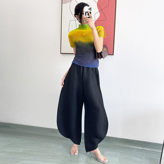Miyake Quần Nữ Ống Rộng Drap Mỏng, Phù Hợp Hàng Ngày, Màu Đen Cao Cấp