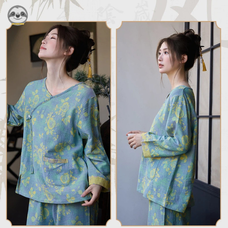 Bộ đồ ngủ tay cổ điển bằng Cotton nguyên chất phong cách Trung Quốc dành cho nữ / Bộ đồ ngủ Jacquard dệt cổ điển / Quần áo phòng chờ phong cách cổ xưa phong cách Trung Quốc / Thời trang Retro Loungewear