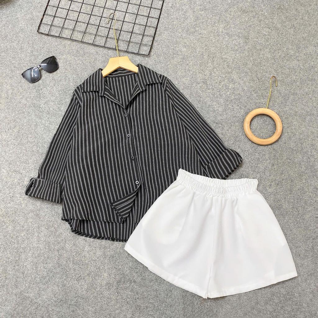 Set Đồ Kiểu Bigsize CÔ NHỎ Áo Sơ Mi Sọc Form Rộng Phối Quần Đùi Lưng Chun Co Giãn Thoải Mái Trẻ Trung- A328+Q500