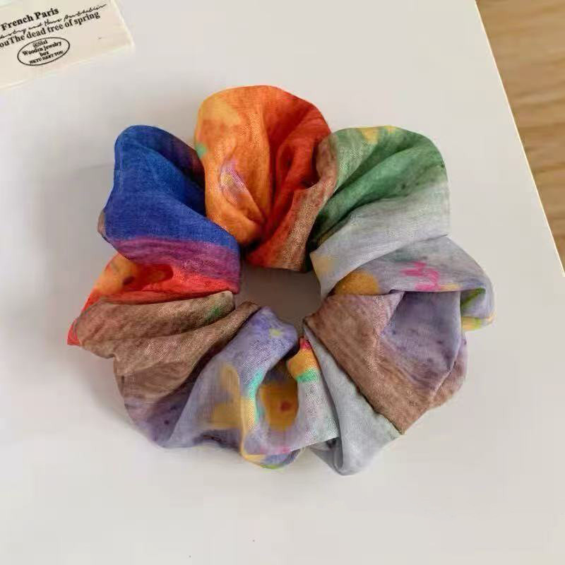 Scrunchy tóc handmade boho retro màu xanh vàng từ ramie