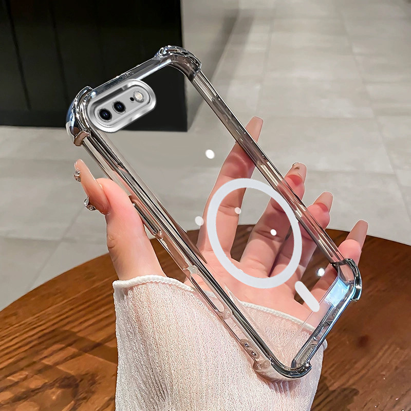 Ốp Lưng Cho iPhone 6 6s 7 8 Plus Từ Tính Không Dây Trong Suốt Bốn Góc Chống Sốc Bảo Vệ Ống Kính Vỏ Điện Thoại SJSFDDR