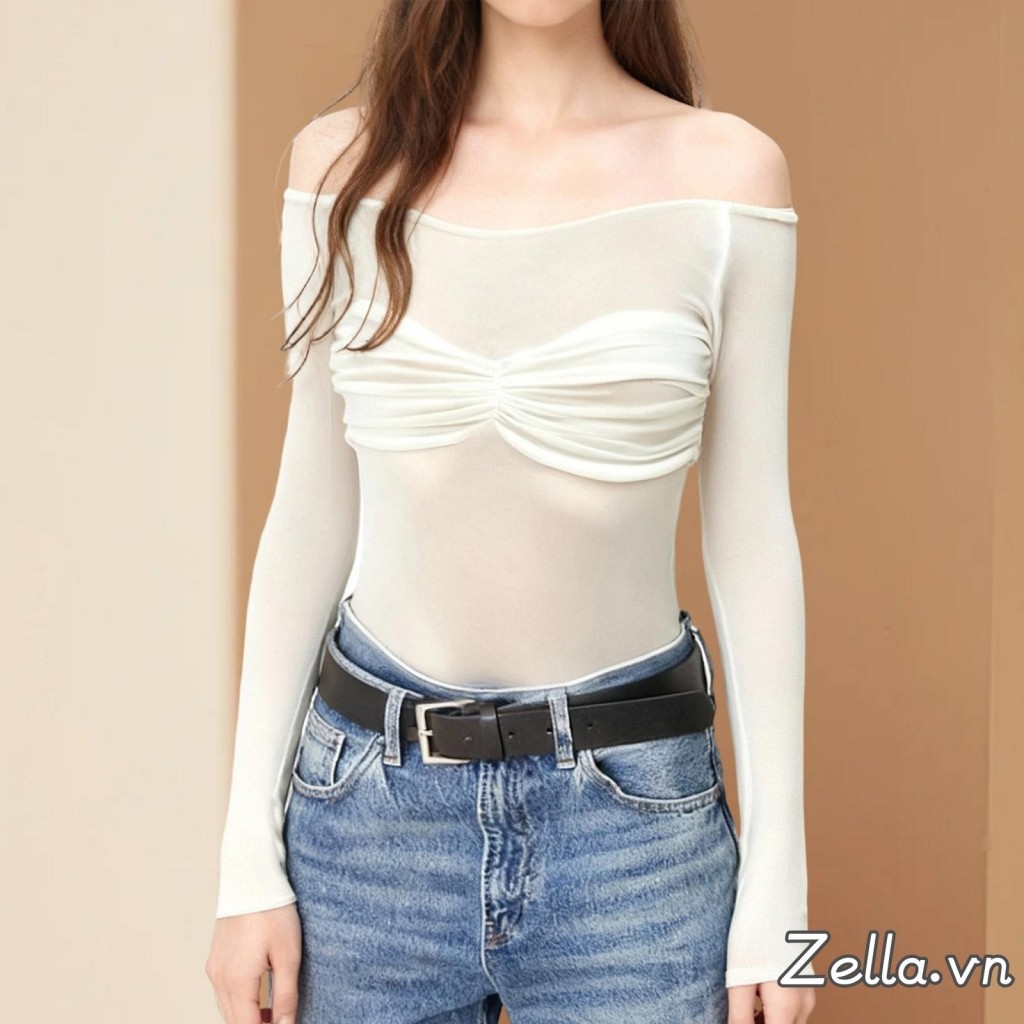 Áo thun nữ xếp nếp Ngực Slim Fit Off Vai Áo dài tay quây