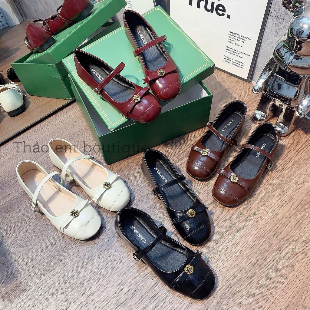 [Thảo Em - BBH45 ] Giày búp bê nữ đế bệt da mềm phối quai nơ hoa trà ngang basic [ Sẵn Hàng ]