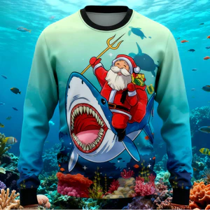 Áo thun ông già Noel cá mập họa tiết 3D, cổ tròn tay dài, phù hợp unisex