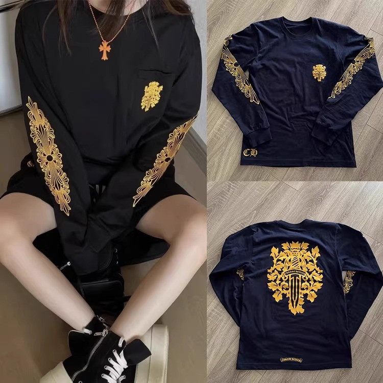 Áo thun dài tay nam nữ màu xanh hải quân họa tiết dây leo, 100% cotton chất lượng cao