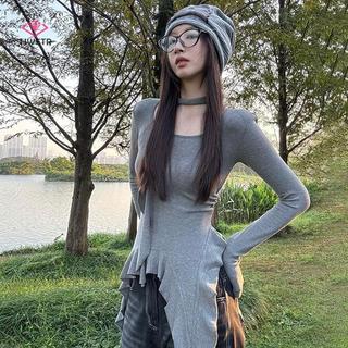 Áo thun nữ sang trọng, cổ vuông xù ruy băng, tay không đều, chất liệu mỏng mới