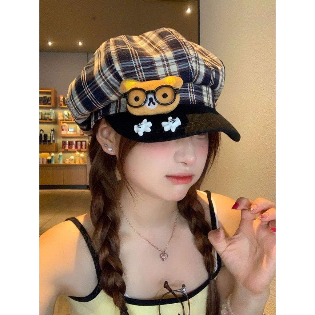 Mũ Beret Bát Giác Mũ Nồi Họa Tiết Hoạt Hình Dễ Thương Kẻ Sọc Mũ Nồi Nữ Phong Cách Hàn Quốc