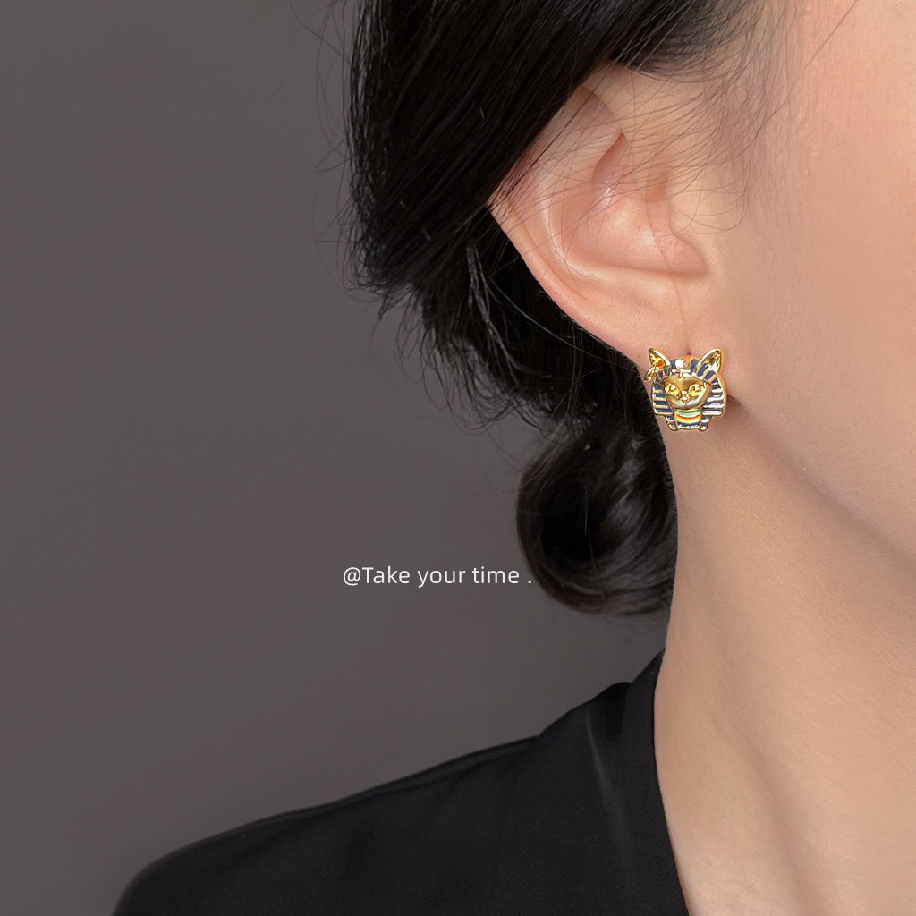 Ban Đầu Phong Cách Trung Cổ Ai Cập Đầu Mèo Pharaoh Bạc 925 Mạ Kim 14K Men Nhỏ Giọt Men Sơn Bông Tai Nhà Máy Bông Tai Nữ