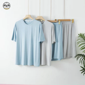 Quần Short nam tay ba điểm Bộ đồ ngủ bằng sợi tre cổ tròn / Quần Short ngắn tay màu trơn dành cho nam / Quần áo đi chơi phong cách mỏng mùa hè / Khô thoáng khí