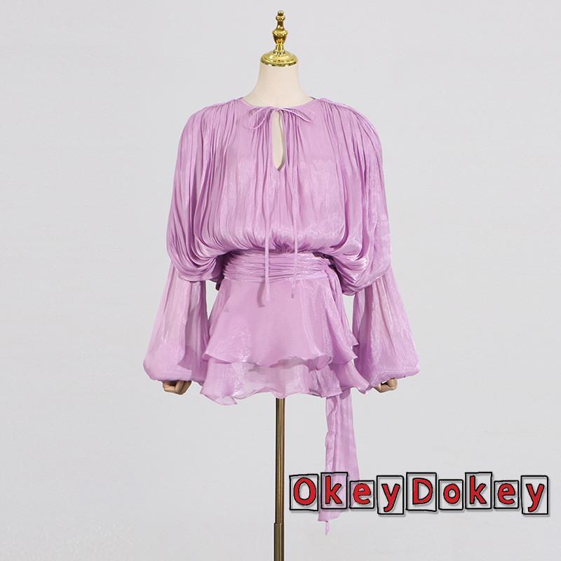 Đầm ngắn nữ ruffle tay đèn lồng, buộc mặt trước, màu trơn xếp ly